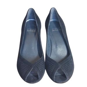 Stuart Weitzman Black Suede Lasercut Perforations Peep Toe Kitten Heel Pumps